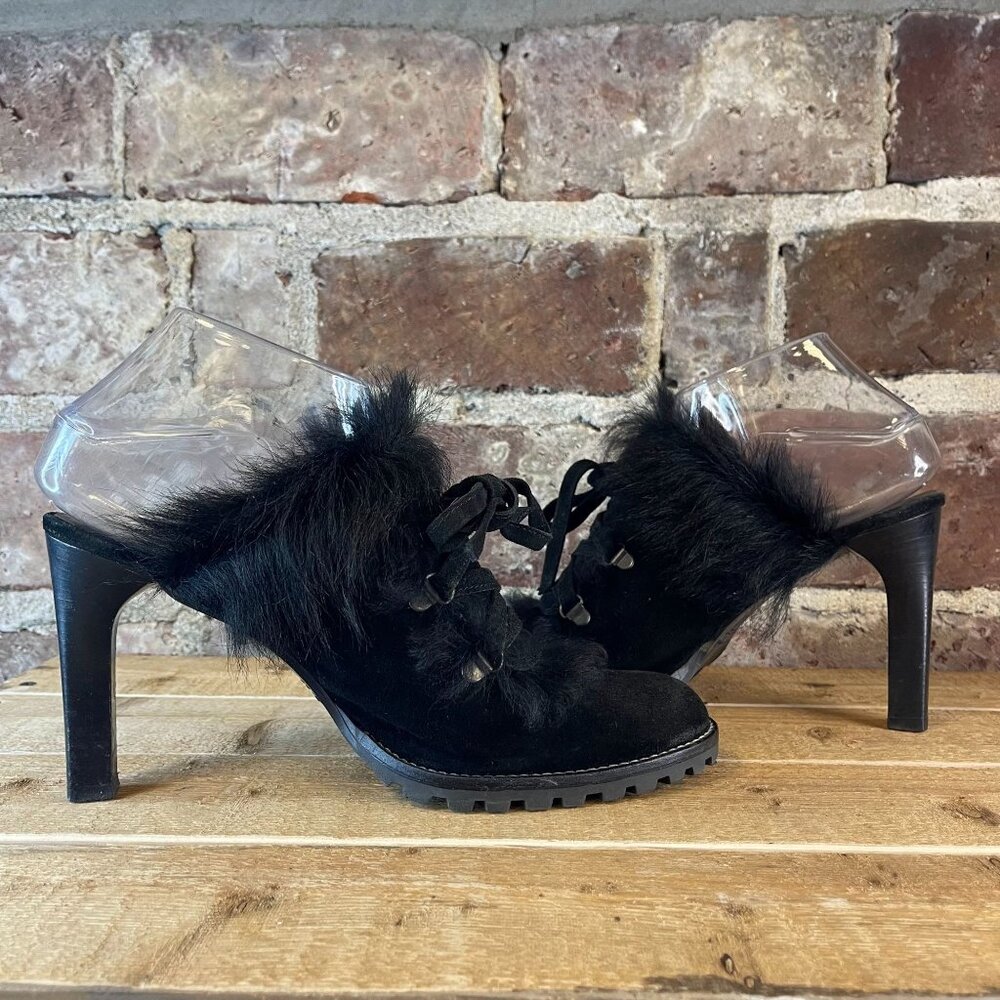 Coach 9618 Kristy Suede Heeled Mule Fur Trim Lace Up Women's Black Size 9 - Picture 5 of 9